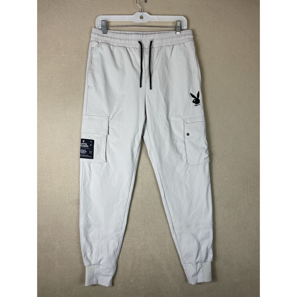 Playboy Pants Womens L Ivory Cargo Tapered Elastic Waist Stretch Jogger
